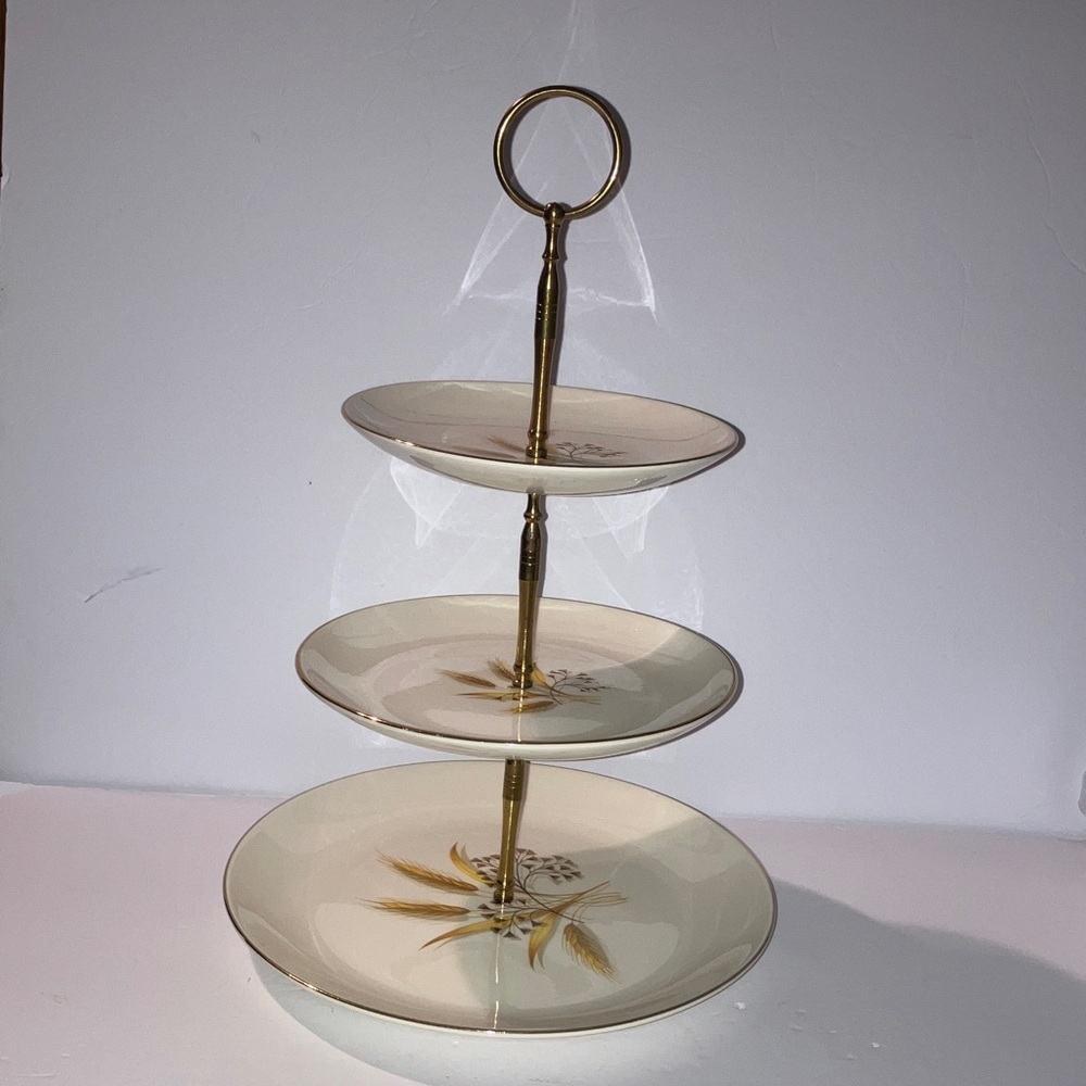 Vintage Golden Wheat Three-Tiered Serving Stand 14”Tall Gold Trim Brass Handle
